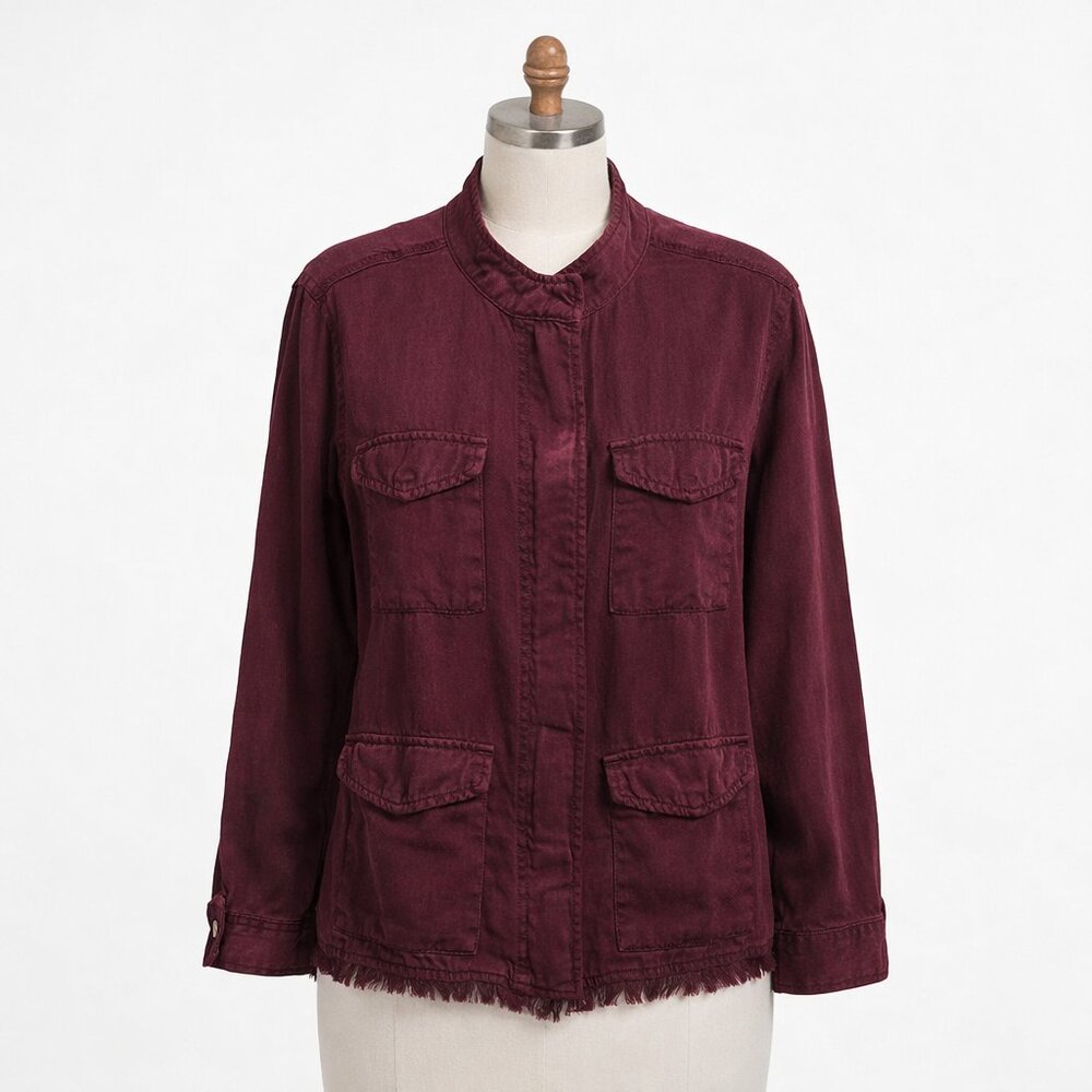Sanctuary Burgundy Utility Jacket Small Frayed Hem Zip Snap